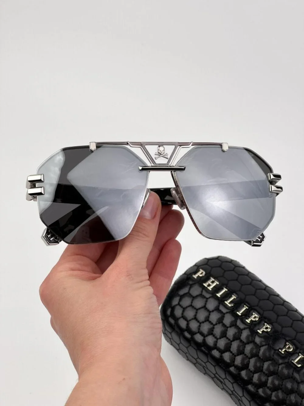Philipp Plein Men’s Sunglasses Palladium Grey Pilot Silver Mirror SPP077V 523X